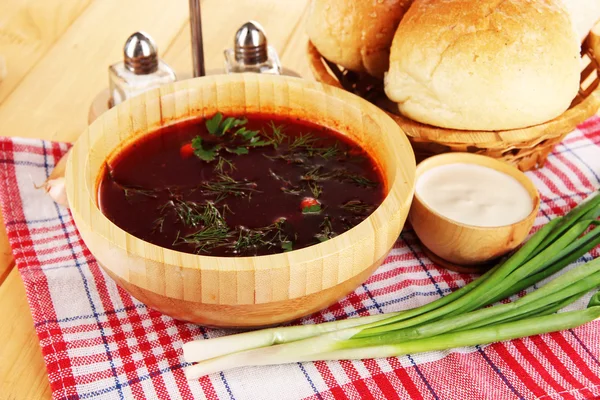 Delicious borsch on table close-up — Stock Photo, Image