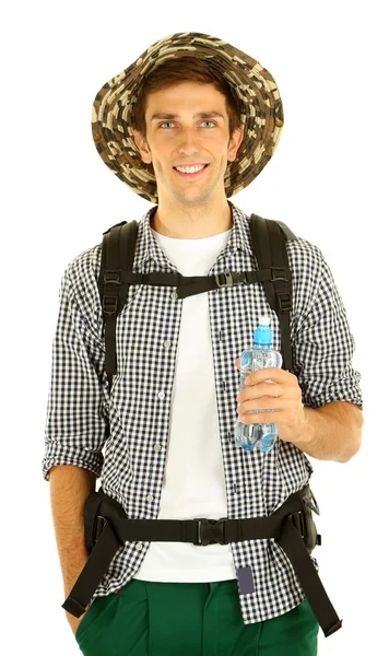 Junge Wanderer Mann Tourist mit Flasche Wasser, isoliert auf weiß — Stockfoto