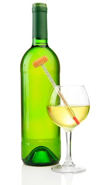 Bottle and glass of wine with thermometer, isolated on white — Stock Photo, Image