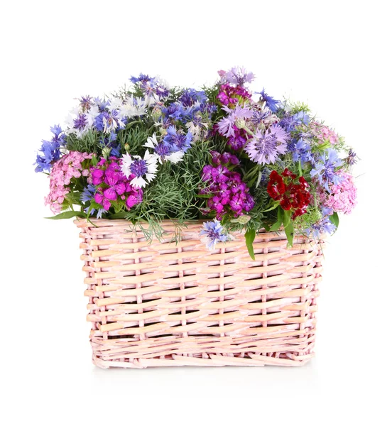 Beautiful bouquet in basket isolated on white — Stock Photo, Image