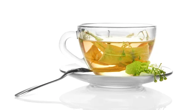 Glass cup of tea with linden isolated on white — Stock Photo, Image