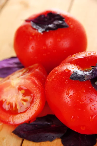 Tomates frescos y hojas de albahaca sobre fondo de madera — Foto de Stock