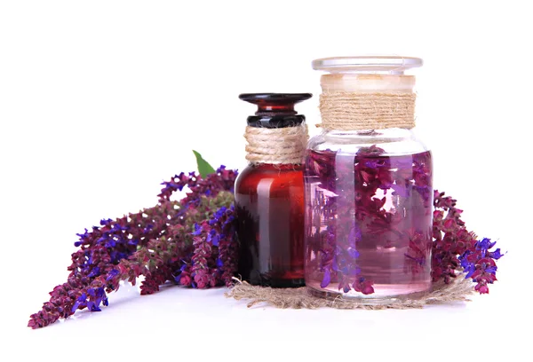 Medicin flaskor och salvia blommor, isolerad på vit — Stockfoto