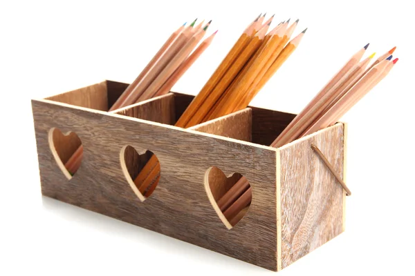 Different pencils in wooden crate, isolated on white — Stock Photo, Image