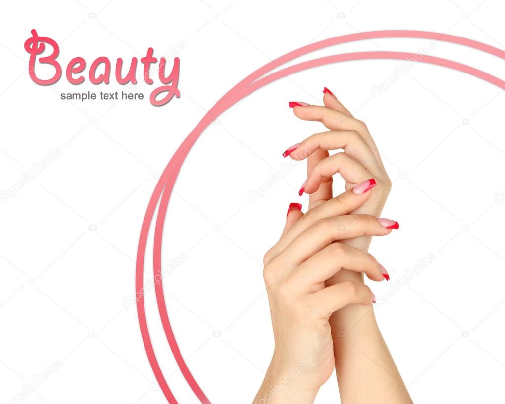Closeup of hands of young woman with elegance manicure