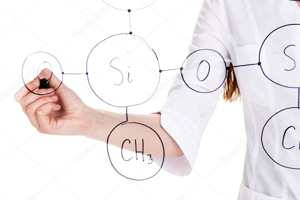 Chemist woman writing formulas on glass isolated on white