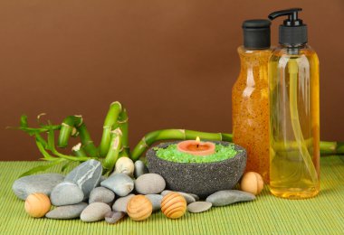 Yeşil Bambu bitki ve bambu mat renkli arka plan üzerinde taşlar ile natürmort