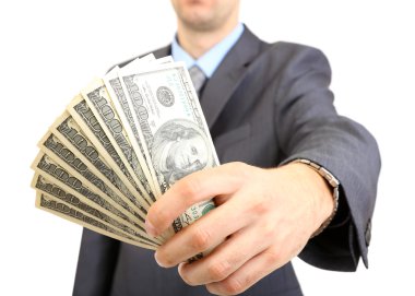 whit üzerinde izole para ile genç işadamı