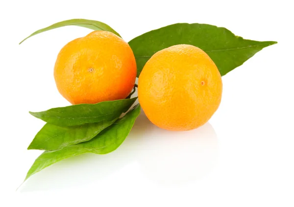 Mandarinas dulces maduras con hojas, aisladas en blanco — Foto de Stock
