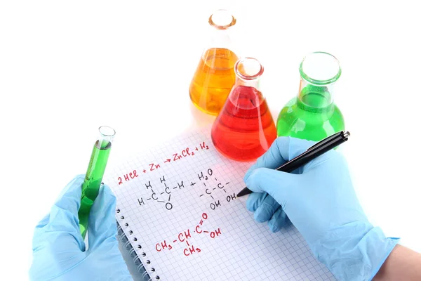Científico de mano escribiendo fórmulas aisladas en blanco —  Fotos de Stock