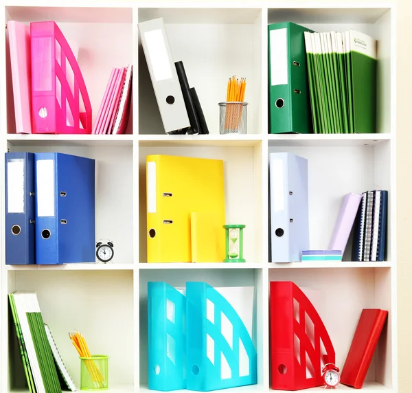 White office shelves with different stationery, close up — Stock Photo, Image