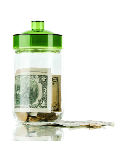 Glass jar with money isolated on white — Stock Photo, Image