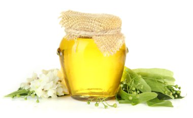 çiçekli akasya ve üzerinde beyaz izole limon bal kavanozu
