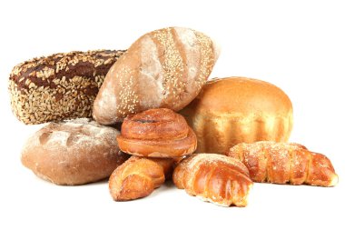 ekmek ve rulolar, üzerinde beyaz izole kompozisyonu