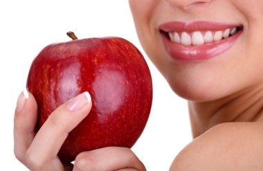 beyaz izole apple ile gülümseyen kadın