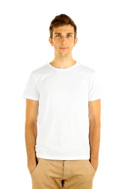 t-shirt üzerine genç adam beyaz izole