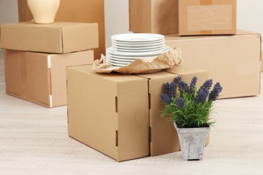 Moving boxes on the floor in empty room clipart