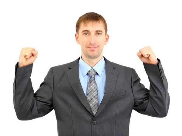 Cheerful young businessman isolated on whit — Stock Photo, Image