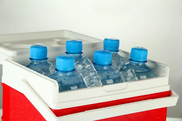 Refrigerador itinerante con botellas de agua y cubitos de hielo, sobre fondo gris —  Fotos de Stock