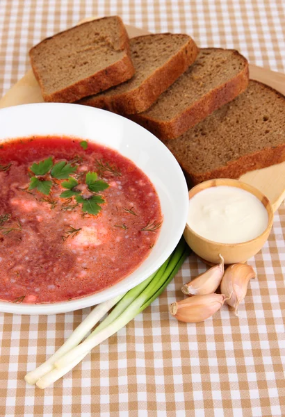 Delicious borsch on table close-up — Stock Photo, Image