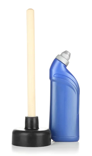 Toilet plunger and cleaner bottle, isolated on white — Stock Photo, Image