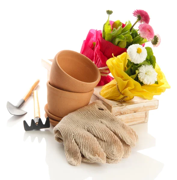 Beautiful spring flowers in wooden crate and gardening tools isolated on white — Stock Photo, Image