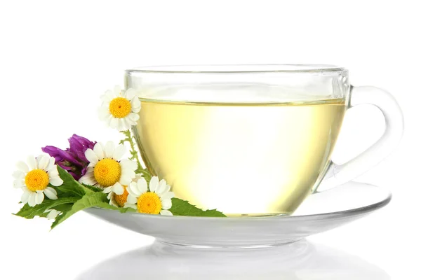 Cup of herbal tea with wild flowers and mint, isolated on white — Stock Photo, Image