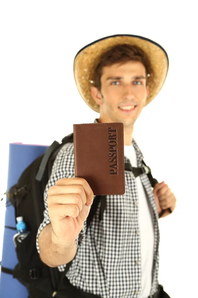 Joven excursionista con pasaporte, aislado en blanco — Foto de Stock