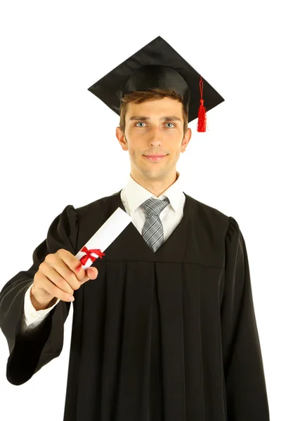 Jovem graduado titular de diploma, isolado em branco — Fotografia de Stock