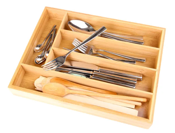 Caja de cubiertos de madera con cubiertos a cuadros aislados en blanco — Foto de Stock