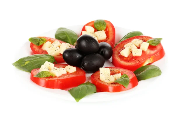 Cheese mozzarella with vegetables in the plate isolated on white — Stock Photo, Image