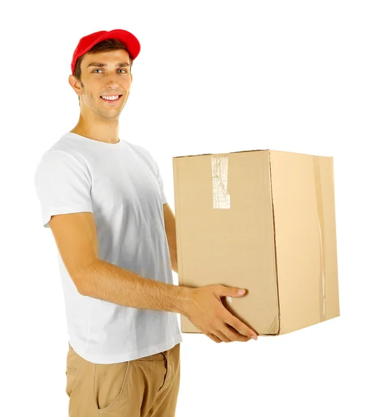 Young delivery man holding parcel, isolated on white — Stock Photo, Image