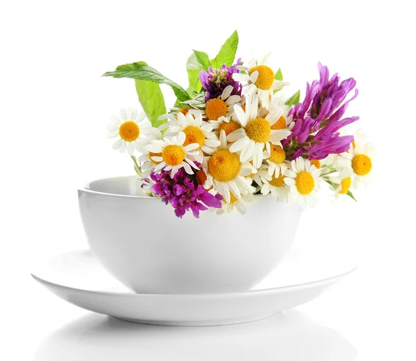Güzel kır çiçekleri ve beyaz izole kupa, nane — Stok fotoğraf