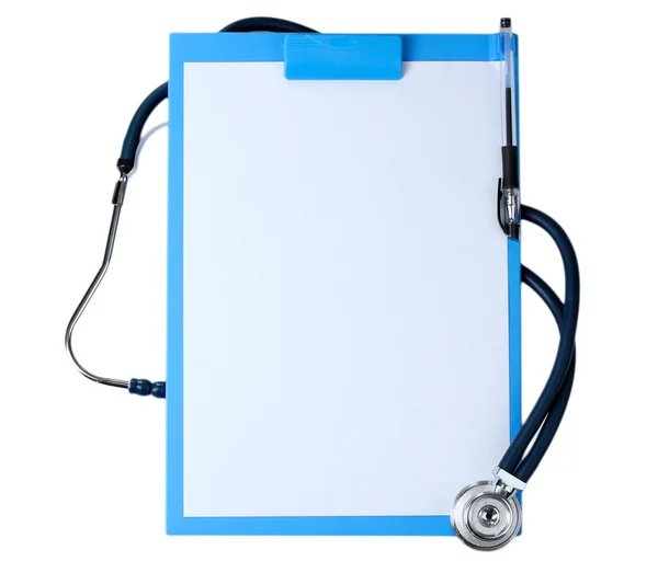 Stethoscope and blue clipboard isolated on white — Stock Photo, Image