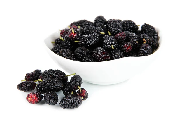 Ripe mulberries in bowl isolated on white — Stock Photo, Image