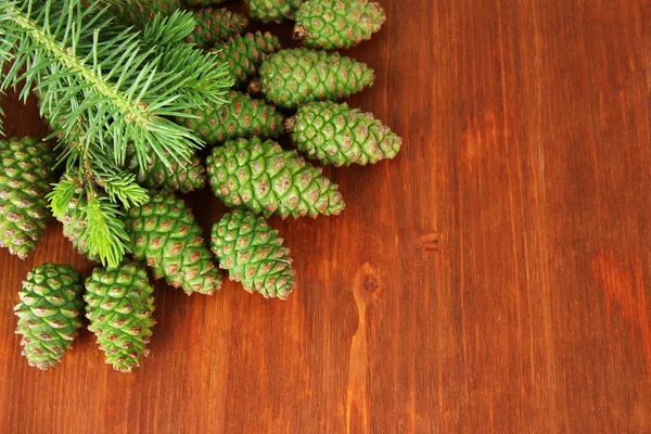 Green cones and fir tree on wooden background — Stock Photo, Image