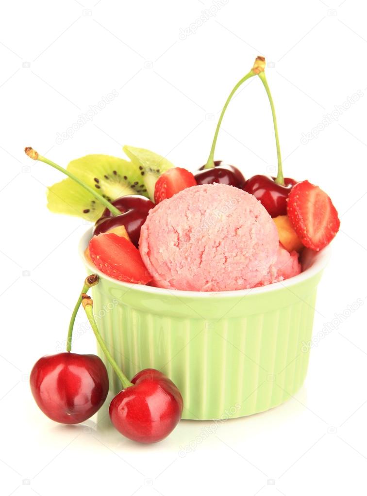 Delicious ice cream with fruits and berries in bowl isolated on white