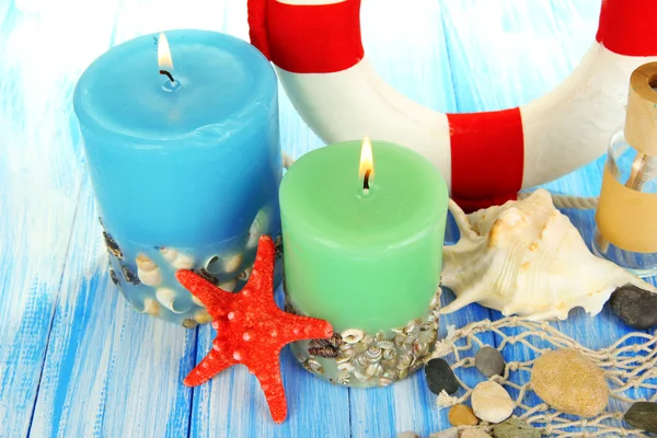 Composition of marine decor on wooden table close-up — Stock Photo, Image