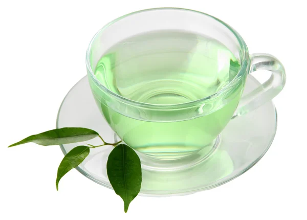 Taza transparente de té verde, aislada en blanco — Foto de Stock