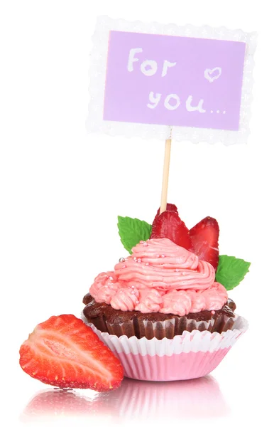 Beautiful strawberry cupcake with postcard isolated on white — Stock Photo, Image