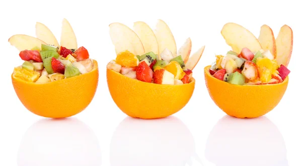 Fruit salad in hollowed-out orange isolated on white — Stock Photo, Image