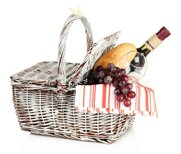 Picnic basket with grape and bottle of wine, isolated on white — Stock Photo, Image