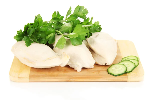 Boiled chicken breast on wooden cutting board isolated on white — Stock Photo, Image