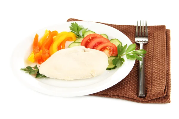Boiled chicken breast on plate with vegetables isolated on white — Stock Photo, Image