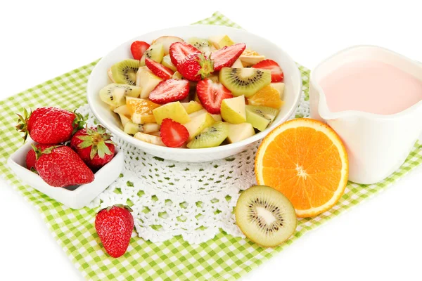 Useful fruit salad of fresh fruits and berries in bowl isolated on white — Stock Photo, Image