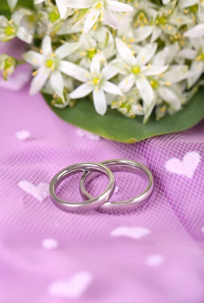 Hermosos anillos de boda sobre fondo púrpura — Foto de Stock