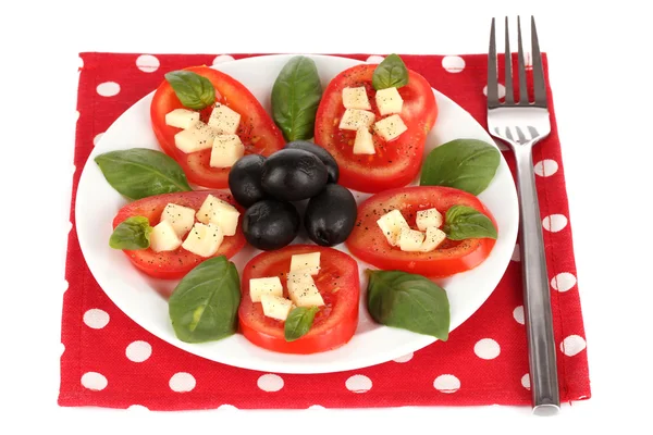 Cheese mozzarella with vegetables in the plate isolated on white — Stock Photo, Image