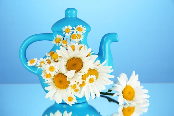 Beautiful bouquet chamomiles in teapot on color background — Stock Photo, Image