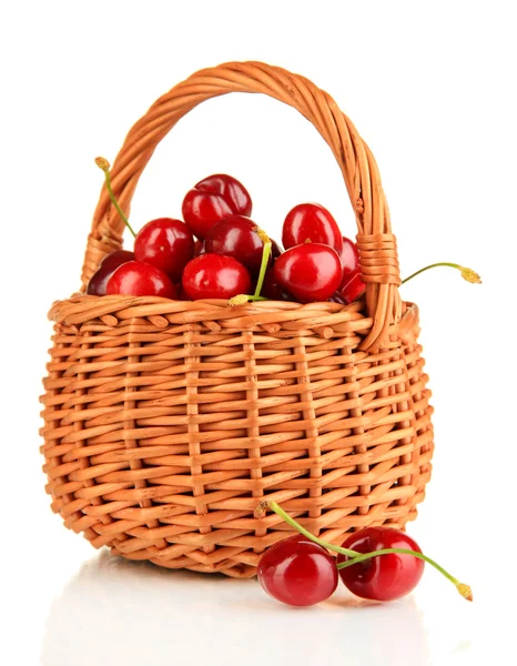 Ripe red cherry berries in basket isolated on white — Stock Photo, Image