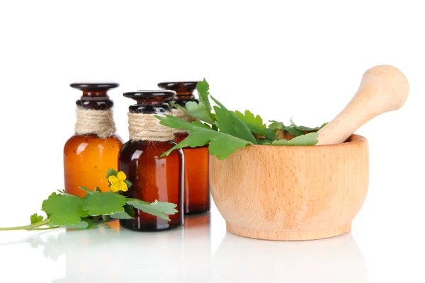 Blooming Celandine with medicine bottles isolated on white — Stock Photo, Image